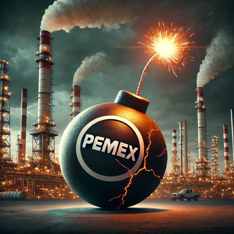 DALL·E-2025-03-01-10.39.29-A-dramatic-digital-illustration-representing-Pemex-as-a-ticking-time-bomb.-The-image-features-an-industrial-oil-refinery-with-smoke-rising-from-its-ch
